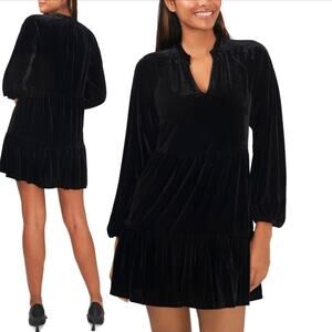 CeCe Split Neck Long Sleeve A-Line Dress Rich Black Velvet Small